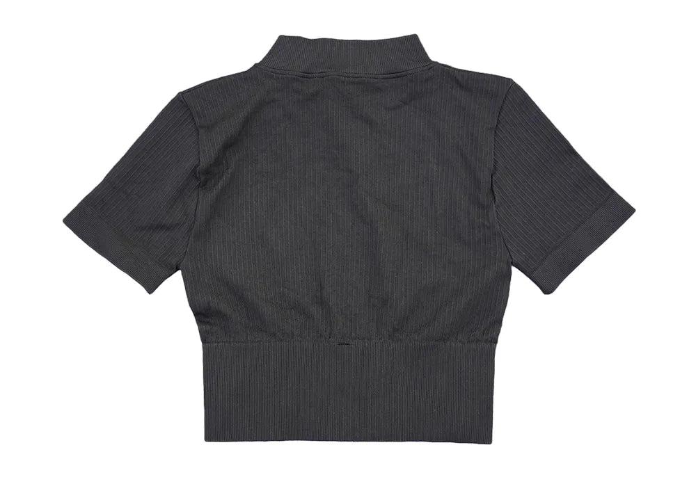 Women's Ribbed Crop Top Zip-Up Short Sleeve Fitness Top